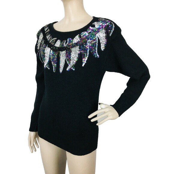 Vintage 80s De Rotchild Silk Angora Sequined Feathers Pullover Sweater Medium - Picture 4 of 9
